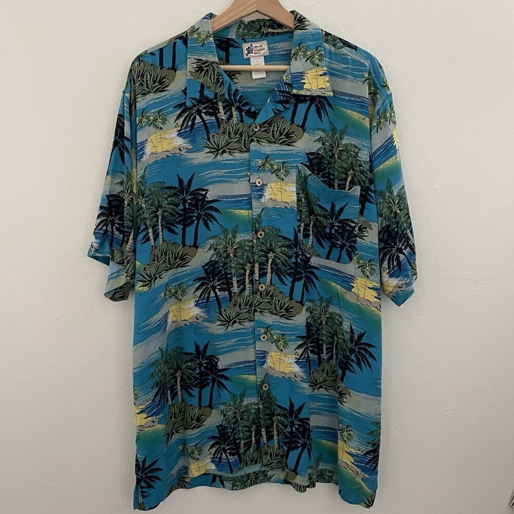 Cherokee Waikiki Wear Blue Deserted Island Beach Short Sleeve Hawaiian Shirt L
